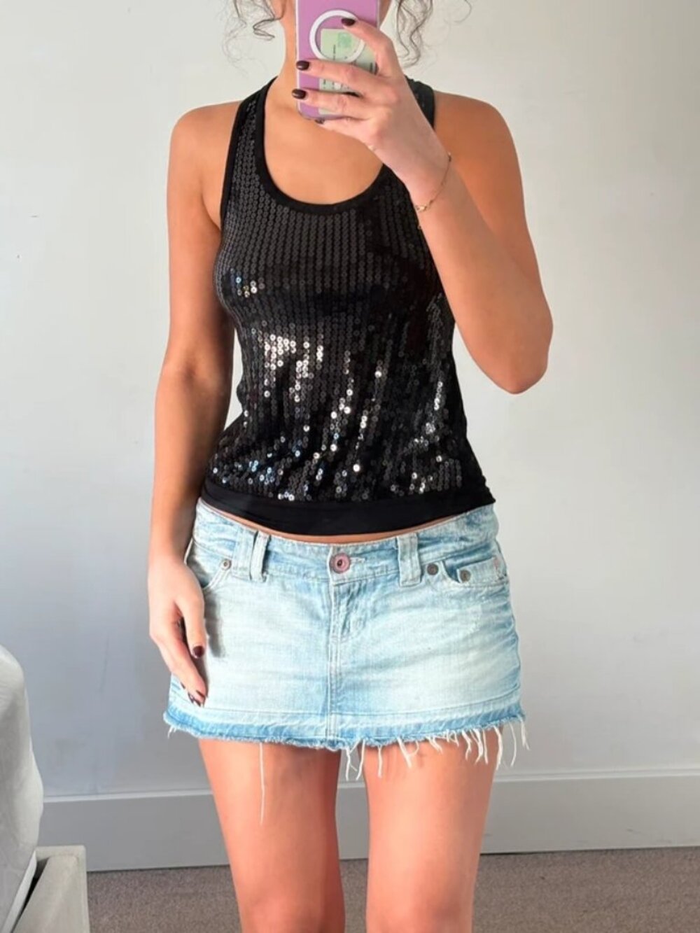 Y2K Vintage Black Sequin Racerback Tank Top Sleeveless Party Club Cami